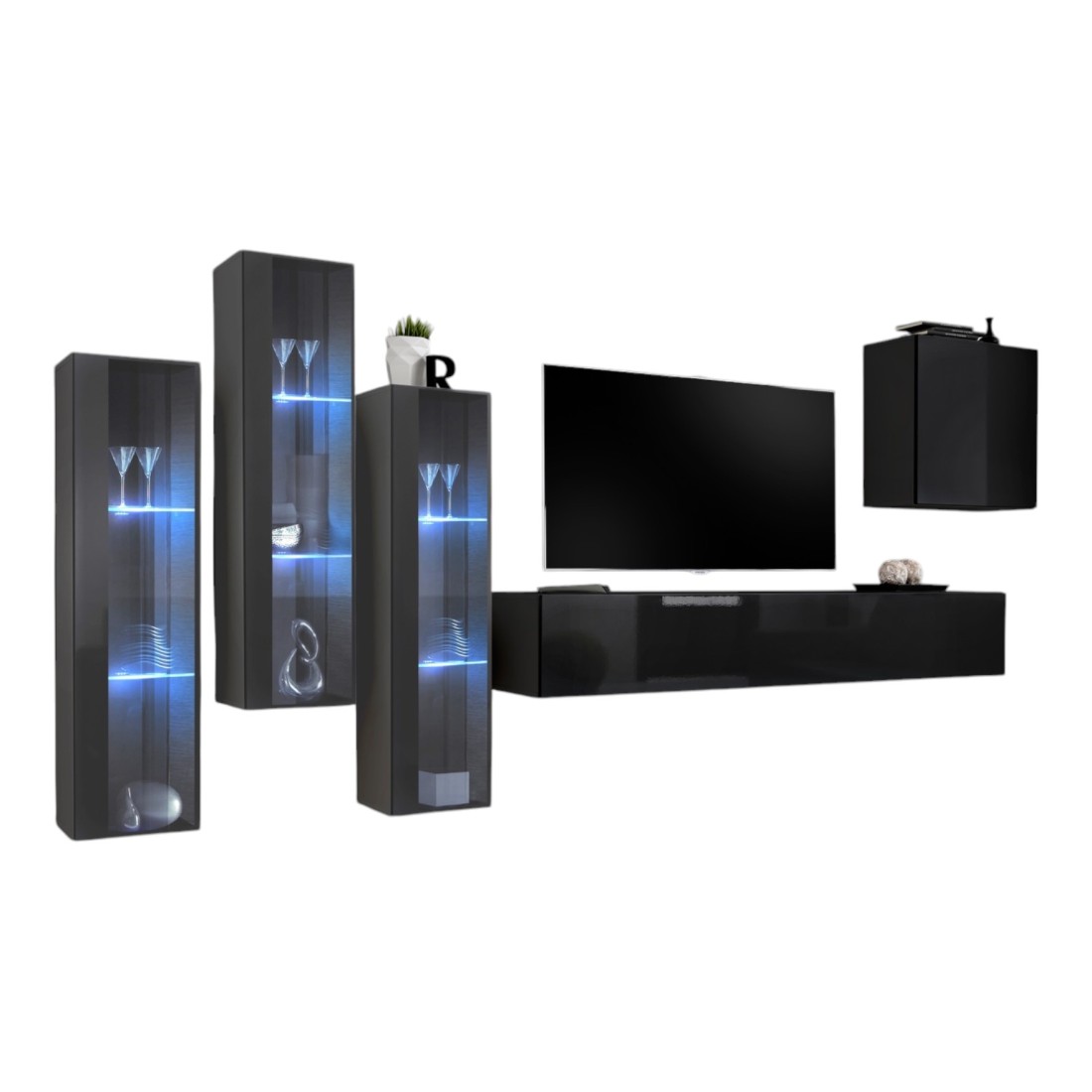 Wohnzimmer-Wandmöbel-Set SWITCH XIII, Design in glänzendem Schwarz und Grau.