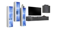 Ensemble meuble salon mural SWITCH XIII design, coloris gris brillant et blanc.