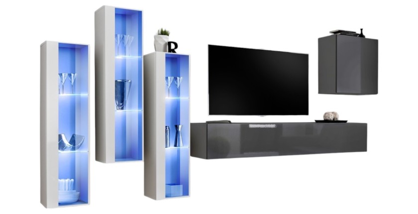 Ensemble meuble salon mural SWITCH XIII design, coloris gris brillant et blanc.