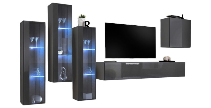 Ensemble meuble salon mural SWITCH XIII design, coloris gris brillant.