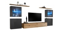 Ensemble meuble salon mural SWITCH XIV design, coloris chêne Wotan et gris brillant.