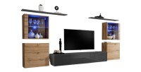 Ensemble meuble salon mural SWITCH XIV design, coloris gris brillant et chêne Wotan.
