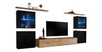 Ensemble meuble salon mural SWITCH XIV design, coloris chêne Wotan et noir brillant.