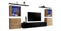 Ensemble meuble salon mural SWITCH XIV design, coloris noir brillant et chêne Wotan.