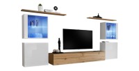 Ensemble meuble salon mural SWITCH XIV design, coloris chêne Wotan et blanc brillant.