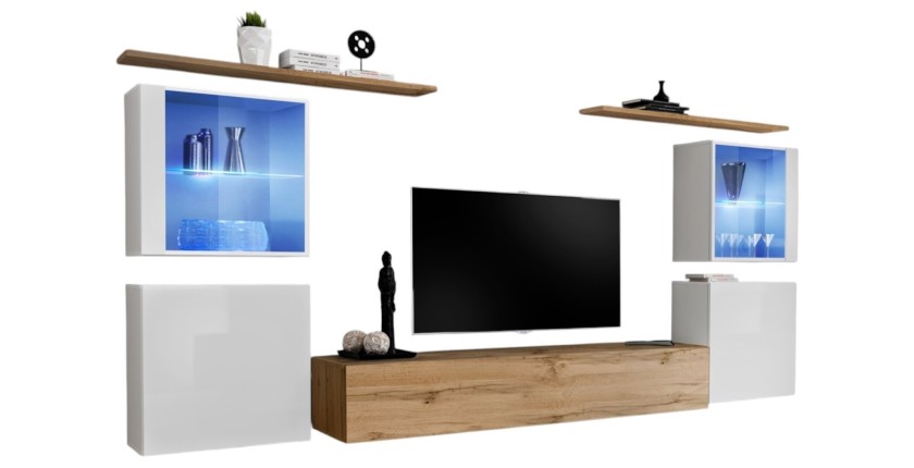 Wohnzimmerwand-Set SWITCH XIV im Design, Farbe Wotan Eiche und hochglanz Weiß.