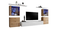 Ensemble meuble salon mural SWITCH XIV design, coloris blanc brillant et chêne Wotan.