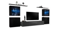 Ensemble meuble salon mural SWITCH XIV design, coloris gris et noir brillant.