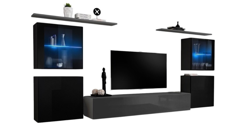 Ensemble meuble salon mural SWITCH XIV design, coloris gris et noir brillant.