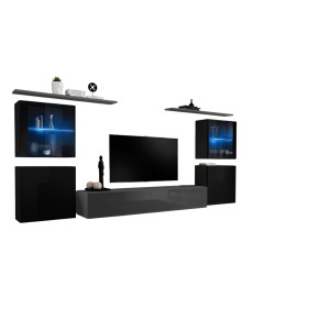 Ensemble meuble salon mural SWITCH XIV design, coloris gris et noir brillant.