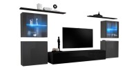 Ensemble meuble salon mural SWITCH XIV design, coloris noir et gris brillant.