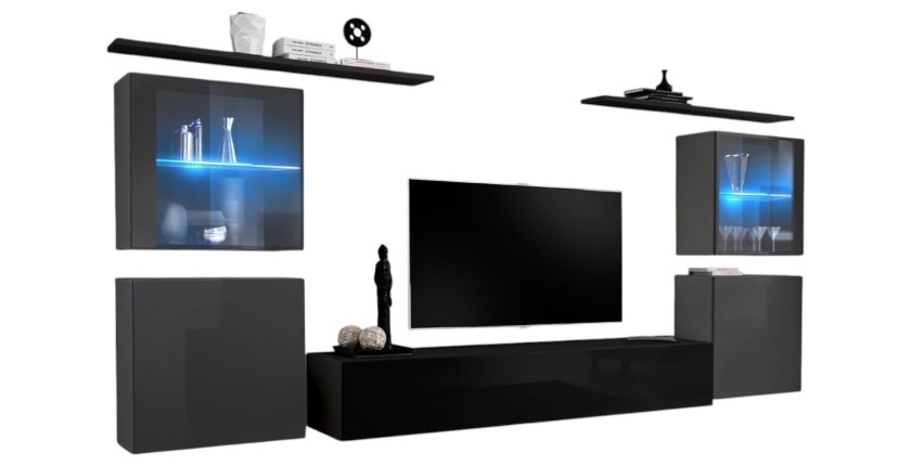 Ensemble meuble salon mural SWITCH XIV design, coloris noir et gris brillant.