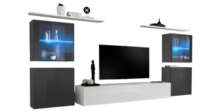 Ensemble meuble salon mural SWITCH XIV design, coloris blanc et gris brillant.