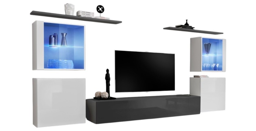 Ensemble meuble salon mural SWITCH XIV design, coloris gris et blanc brillant.