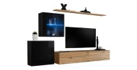 Ensemble meuble salon mural SWITCH XV design, coloris chêne Wotan et noir brillant.