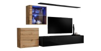 Ensemble meuble salon mural SWITCH XV design, coloris noir brillant et chêne Wotan.