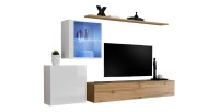 Ensemble meuble salon mural SWITCH XV design, coloris chêne Wotan et blanc brillant.