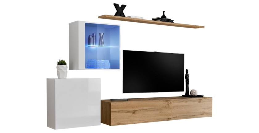 Ensemble meuble salon mural SWITCH XV design, coloris chêne Wotan et blanc brillant.