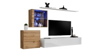 Ensemble meuble salon mural SWITCH XV design, coloris blanc brillant et chêne Wotan.