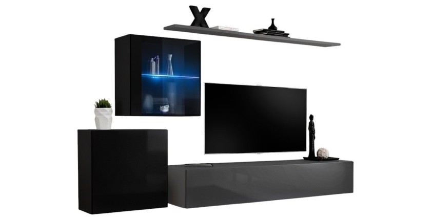 Wand-Wohnzimmermöbel-Set SWITCH XV im Design, Farben Grau und Glanzschwarz.