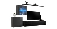 Ensemble meuble salon mural SWITCH XV design, coloris noir et gris brillant.