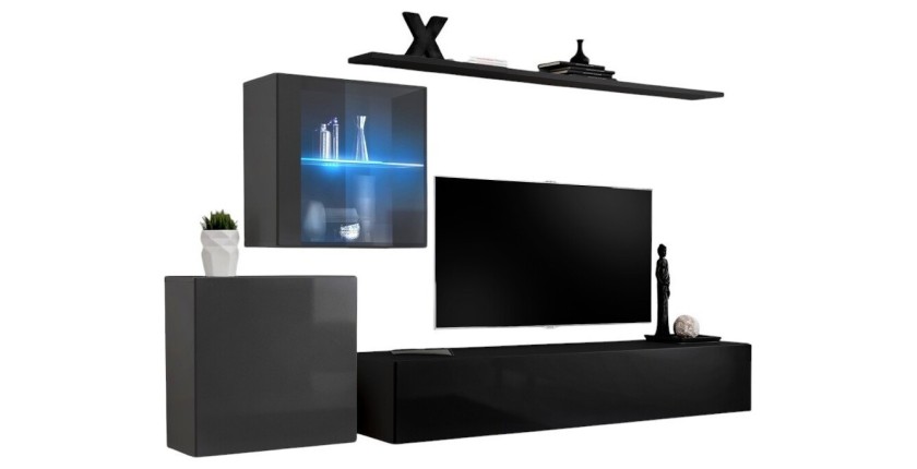 Ensemble meuble salon mural SWITCH XV design, coloris noir et gris brillant.