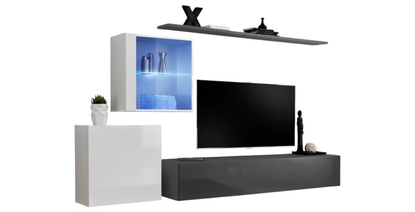 Ensemble meuble salon mural SWITCH XV design, coloris gris et blanc brillant.