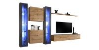 Ensemble meuble salon mural SWITCH XVI design, coloris chêne Wotan et gris brillant.
