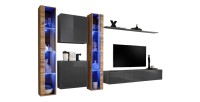Ensemble meuble salon mural SWITCH XVI design, coloris gris brillant et chêne Wotan.