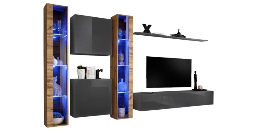 Ensemble meuble salon mural SWITCH XVI design, coloris gris brillant et chêne Wotan.