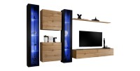 Ensemble meuble salon mural SWITCH XVI design, coloris chêne Wotan et noir brillant.