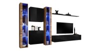 Ensemble meuble salon mural SWITCH XVI design, coloris noir brillant et chêne Wotan.