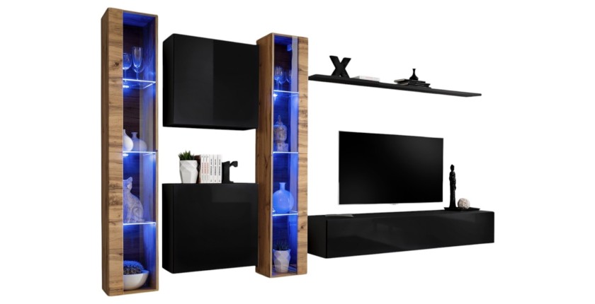 Ensemble meuble salon mural SWITCH XVI design, coloris noir brillant et chêne Wotan.