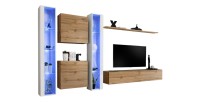 Ensemble meuble salon mural SWITCH XVI design, coloris chêne Wotan et blanc brillant.