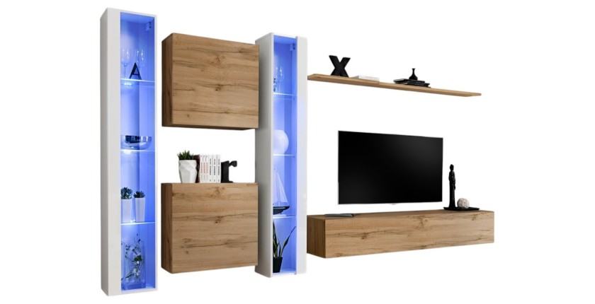 Wohnzimmer-Wandmöbel-Set SWITCH XVI im Design, Farbe Wotan-Eiche und Hochglanz-Weiß.
