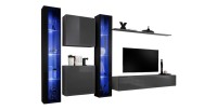 Ensemble meuble salon mural SWITCH XVI design, coloris gris et noir brillant.