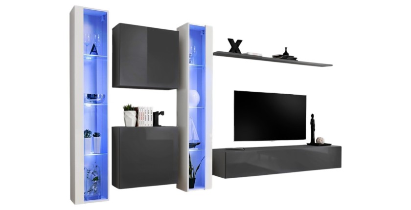 Conjunto de muebles de salón mural SWITCH XVI diseño, colores gris y blanco brillante.