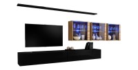 Ensemble meuble salon mural SWITCH XVII design, coloris noir brillant et chêne Wotan.