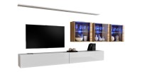 Ensemble meuble salon mural SWITCH XVII design, coloris blanc brillant et chêne Wotan.
