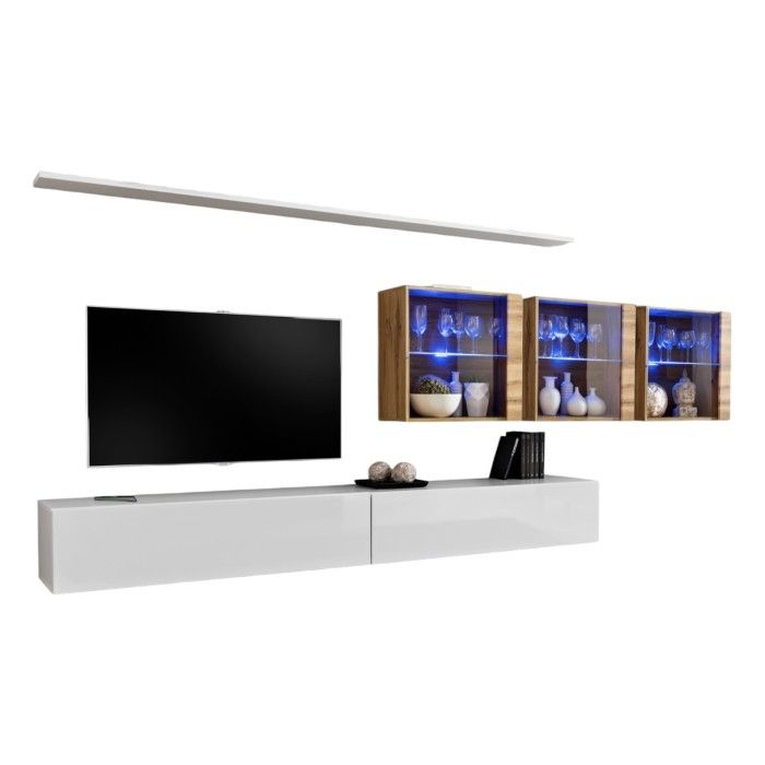 Ensemble meuble salon mural SWITCH XVII design, coloris blanc brillant et chêne Wotan.