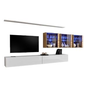 Ensemble meuble salon mural SWITCH XVII design, coloris blanc brillant et chêne Wotan.