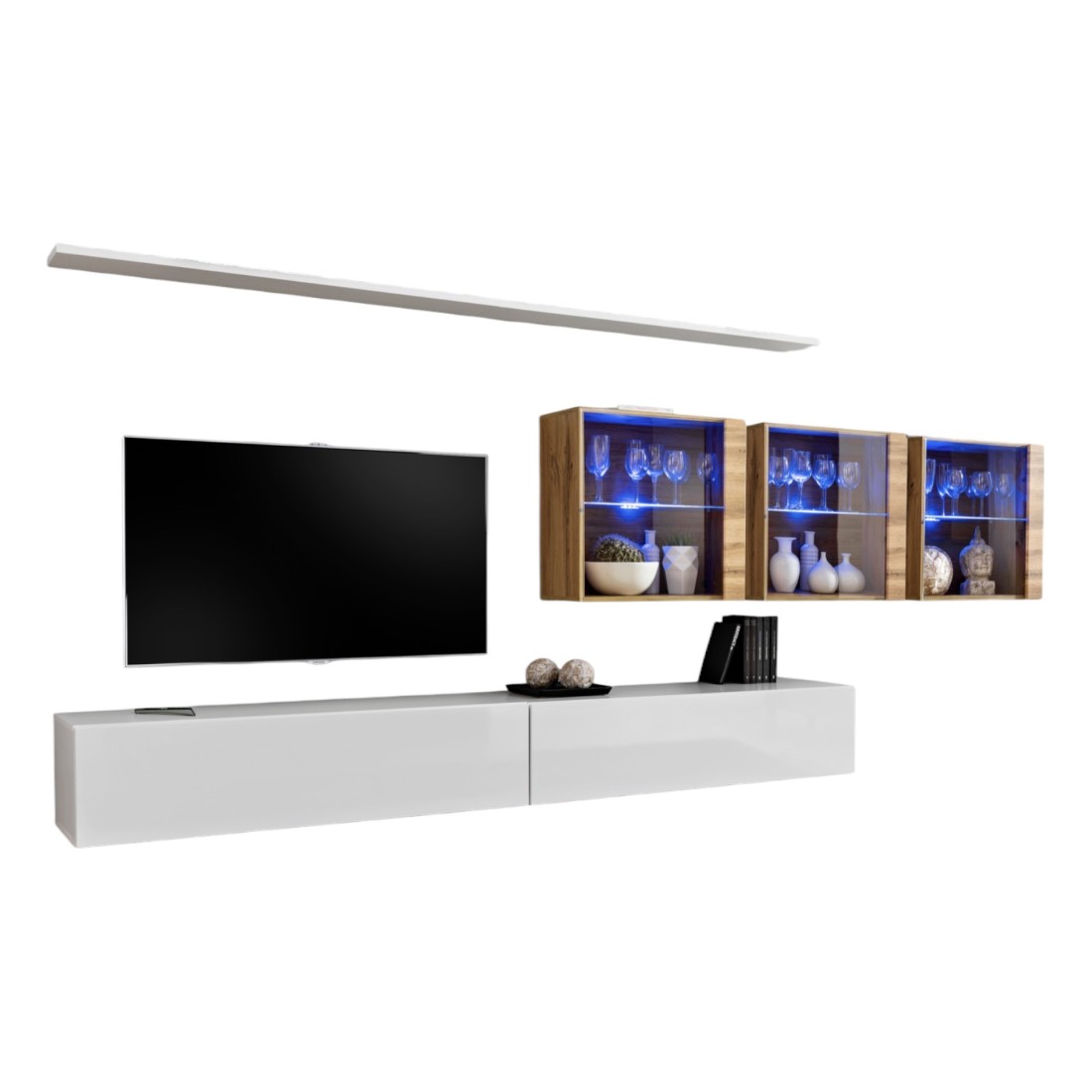 Ensemble meuble salon mural SWITCH XVII design, coloris blanc brillant et chêne Wotan.
