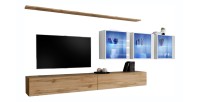 Ensemble meuble salon mural SWITCH XVII design, coloris chêne Wotan et blanc brillant.