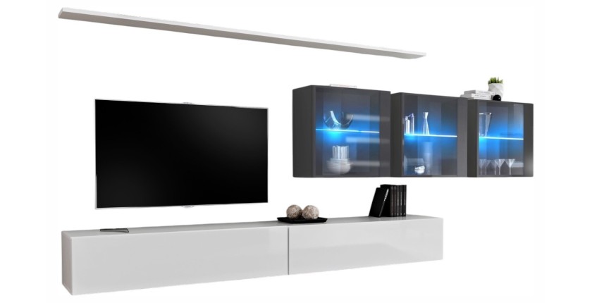 Ensemble meuble salon mural SWITCH XVII design, coloris blanc et gris brillant.