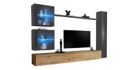 Ensemble meuble salon mural SWITCH XVIII design, coloris chêne Wotan et gris brillant.