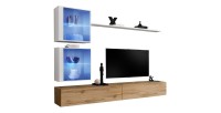 Ensemble meuble salon mural SWITCH XVIII design, coloris chêne Wotan et blanc brillant.
