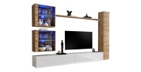 Ensemble meuble salon mural SWITCH XVIII design, coloris blanc brillant et chêne Wotan.