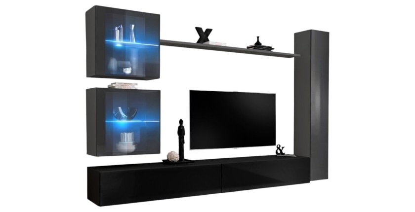 Wohnzimmer-Wandschrank-Set SWITCH XVIII Design, in glänzendem Schwarz und Grau.