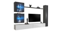 Ensemble meuble salon mural SWITCH XVIII design, coloris blanc et gris brillant.