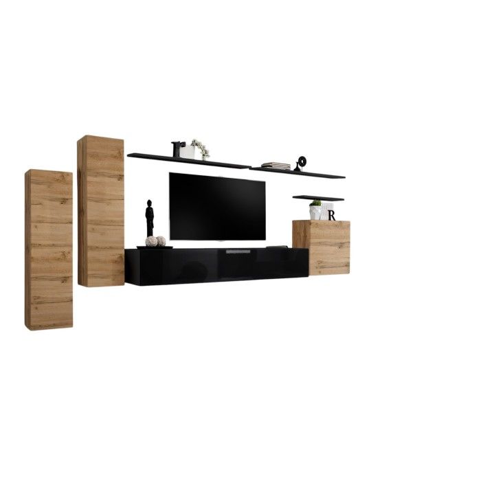 Ensemble meuble salon SWITCH I design, coloris chêne Wotan et noir brillant.